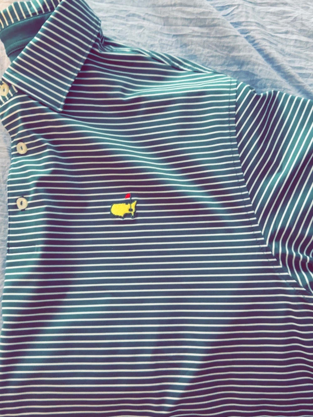 Masters tech Striped Polo in Green and White. Size L - Picture 2 of 3